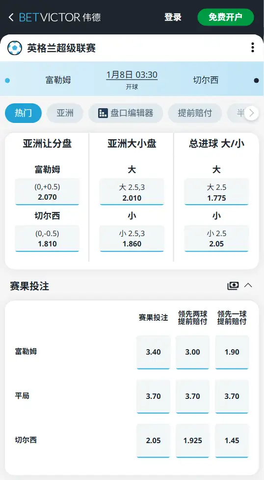 富勒姆vs切尔西，英超赔率和盘口信息-188bet(taptap)提供