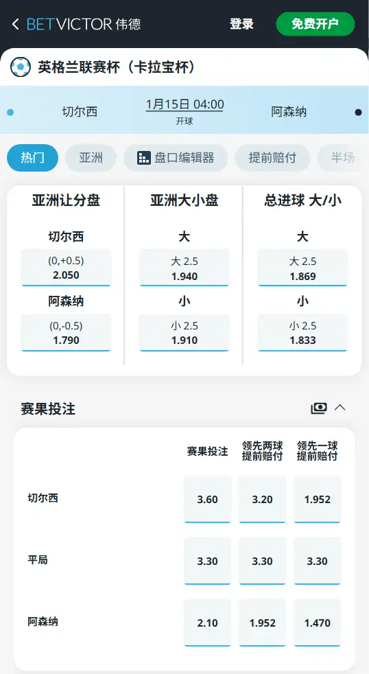 切尔西vs阿森纳,英联杯赔率和盘口信息-188bet(taptap)提供