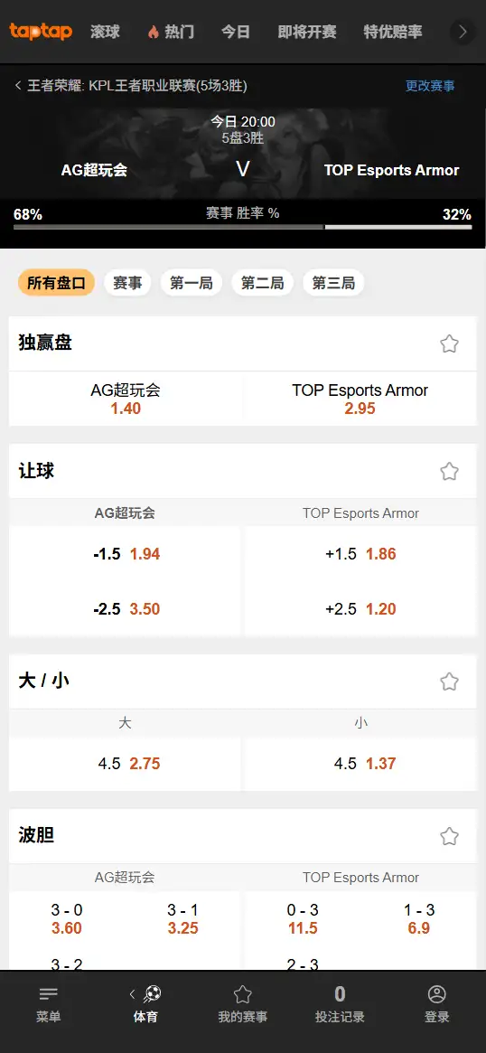 成都AG超玩会 vs 长沙TES.A - 2026王者荣耀KPL - 赔率盘口信息188bet(TapTap)提供