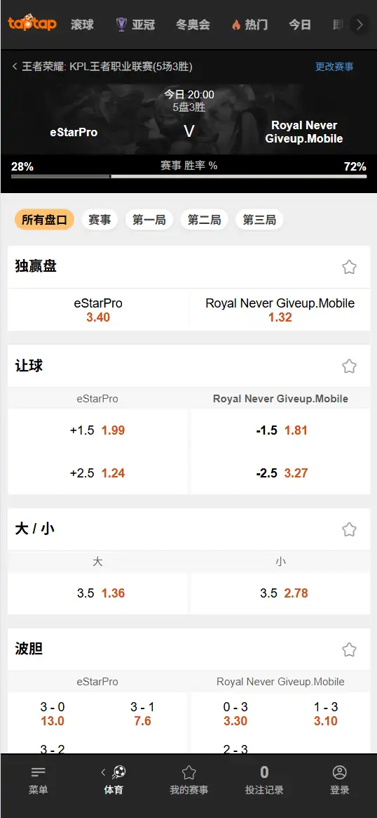 eStarPro vs RNG - 2026王者荣耀KPL骑士之路 - 赔率盘口信息188bet(TapTap)提供