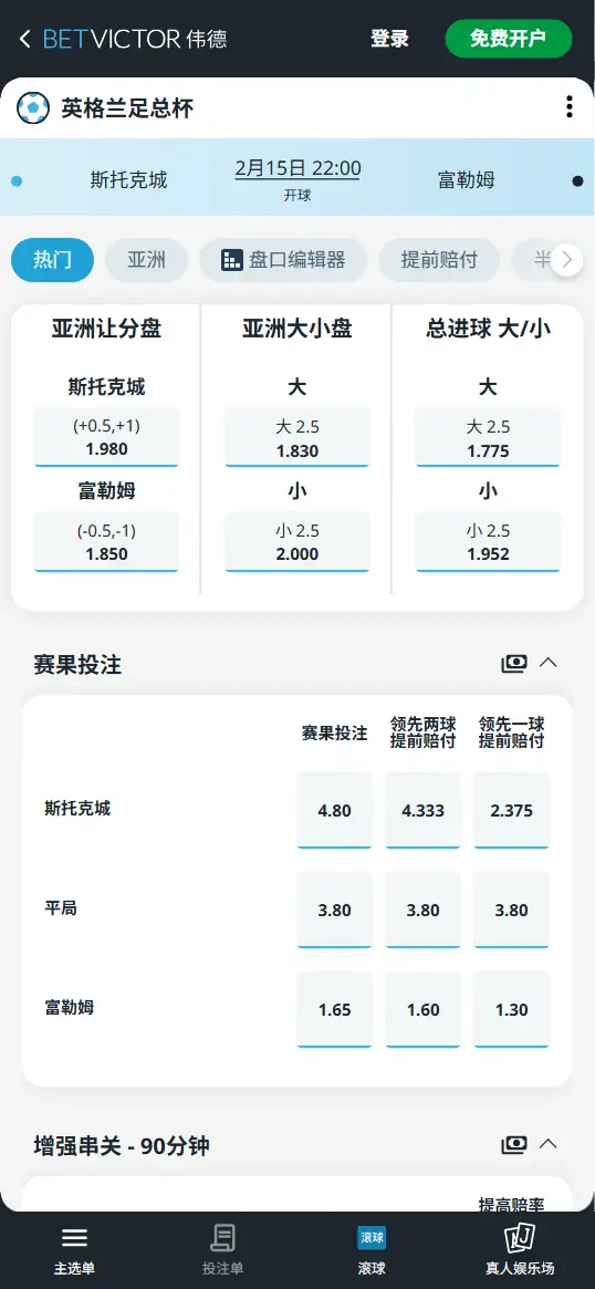 斯托克城vs富勒姆,足总杯赔率和盘口信息-伟德(BetVictor)提供