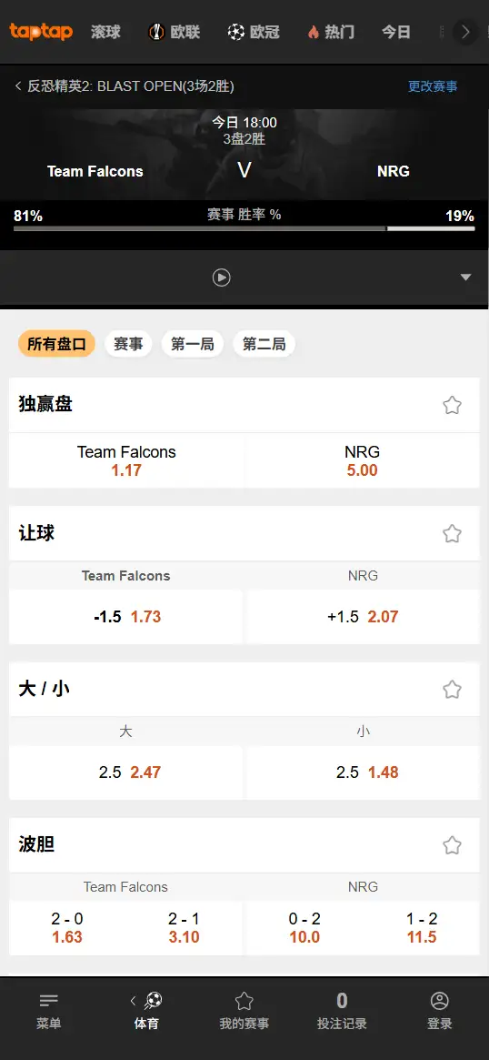 Falcons对战NRG - 反恐精英2 - BLAST鹿特丹 - 赔率盘口信息188bet(TapTap)提供