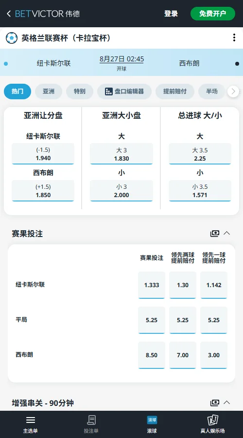 纽卡斯尔联 vs 西布罗姆维奇,英联杯赔率-伟德(BetVictor)提供