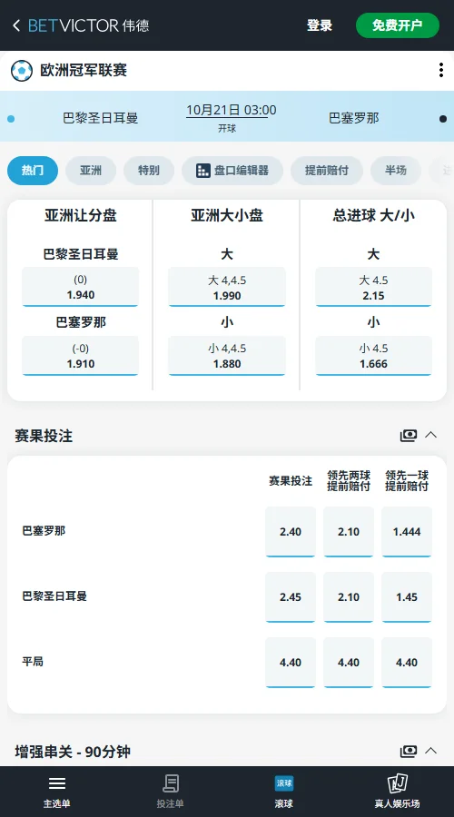 巴黎vs巴萨，欧冠(伟德BetVictor)平手盘巴黎1.940、巴萨1.910，双方赔率接近；4/4.5球大球1.990、小球1.880，4.5球小球1.666。盘口呈均势，小球赔率更低，市场对高进球保持谨慎。